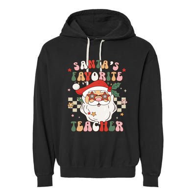 Santa Favorite Teacher Groovy Retro Christmas Garment-Dyed Fleece Hoodie