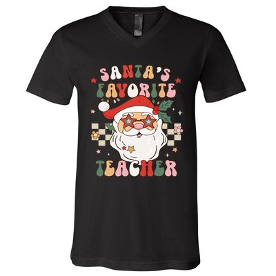 Santa Favorite Teacher Groovy Retro Christmas V-Neck T-Shirt