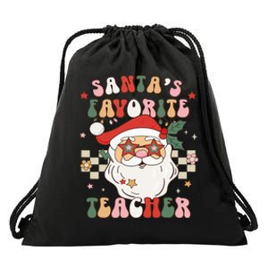 Santa Favorite Teacher Groovy Retro Christmas Drawstring Bag