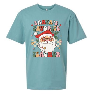 Santa Favorite Teacher Groovy Retro Christmas Sueded Cloud Jersey T-Shirt