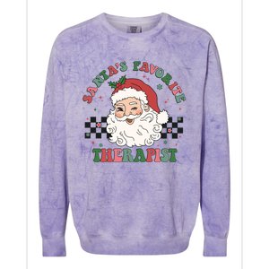 SantaS Favorite Therapist Retro Groovy Santa Face Christmas Funny Gift Colorblast Crewneck Sweatshirt