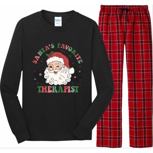 SantaS Favorite Therapist Retro Groovy Santa Face Christmas Funny Gift Long Sleeve Pajama Set