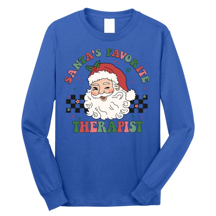 SantaS Favorite Therapist Retro Groovy Santa Face Christmas Funny Gift Long Sleeve Shirt