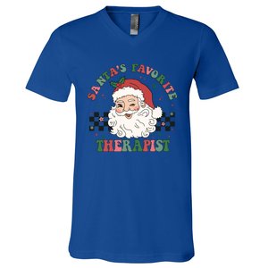 SantaS Favorite Therapist Retro Groovy Santa Face Christmas Funny Gift V-Neck T-Shirt