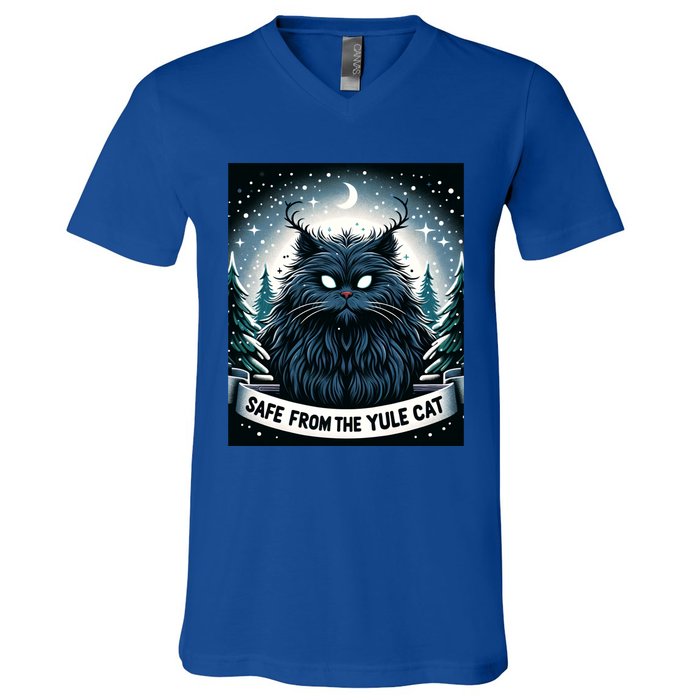 Safe From The Yule Cat Christmas Icelandic Iceland Folklore Gift V-Neck T-Shirt