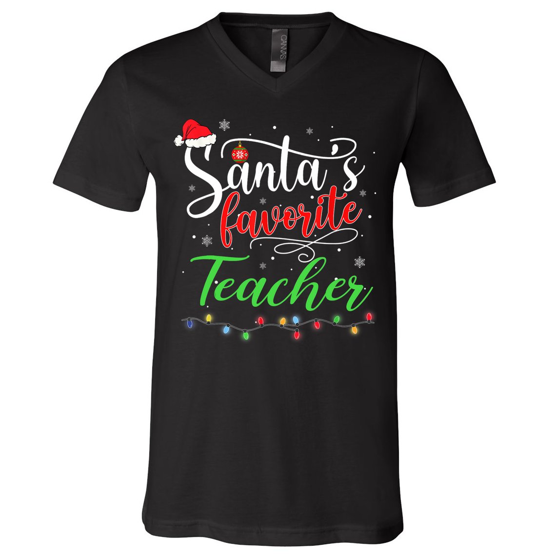 Santas Favorite Teacher Funny Christmas Santa Hat Light TShirt V-Neck T-Shirt