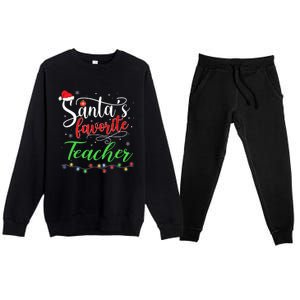 Santas Favorite Teacher Funny Christmas Santa Hat Light TShirt Premium Crewneck Sweatsuit Set