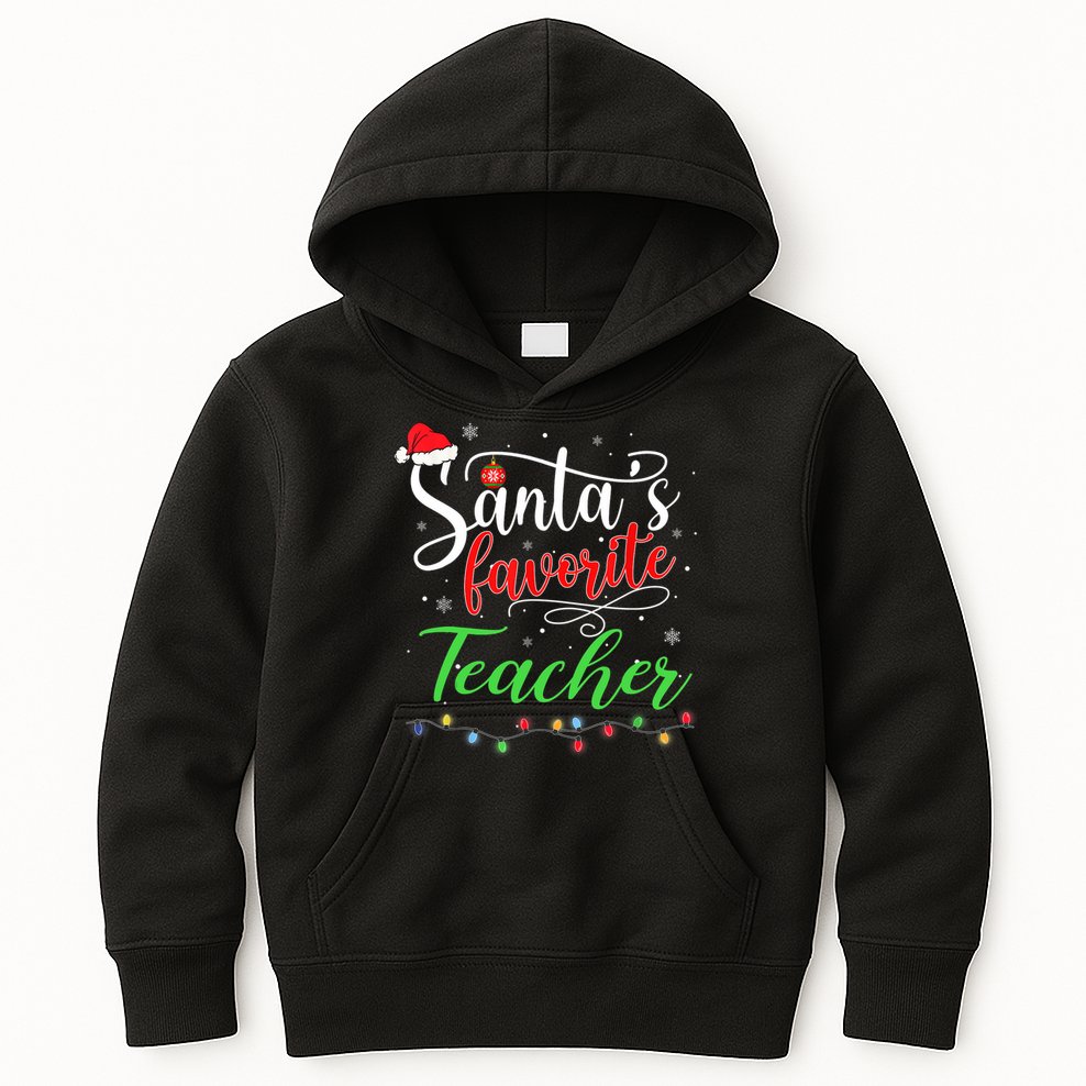Santas Favorite Teacher Funny Christmas Santa Hat Light TShirt Kids Hoodie