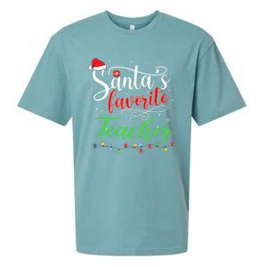 Santas Favorite Teacher Funny Christmas Santa Hat Light TShirt Sueded Cloud Jersey T-Shirt