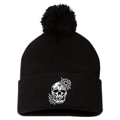 Skull Flower Tattoo Pom Pom 12in Knit Beanie