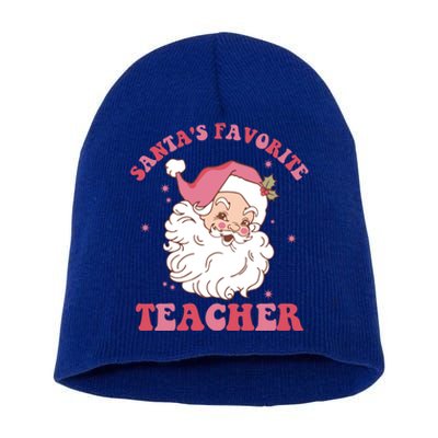 SantaS Favorite Teacher Pink Santa Christmas Teacher Great Gift Short Acrylic Beanie