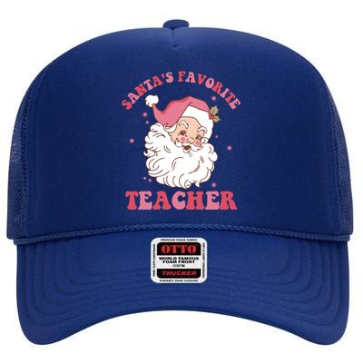 SantaS Favorite Teacher Pink Santa Christmas Teacher Great Gift High Crown Mesh Back Trucker Hat