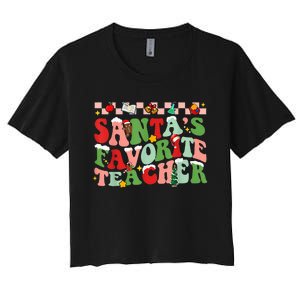 Santa's Favorite Teacher Christmas Pajama Women's Crop Top Tee