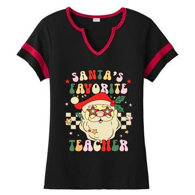 Santa Favorite Teacher Groovy Retro Christmas Boy Girl Ladies Halftime Notch Neck Tee