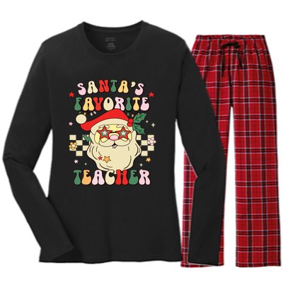 Santa Favorite Teacher Groovy Retro Christmas Boy Girl Women's Long Sleeve Flannel Pajama Set 