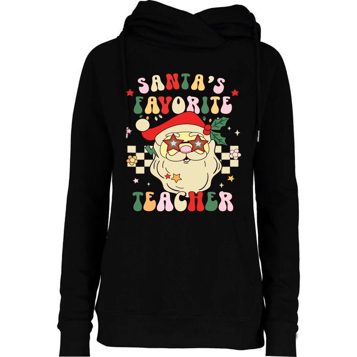 Santa Favorite Teacher Groovy Retro Christmas Boy Girl Womens Funnel Neck Pullover Hood