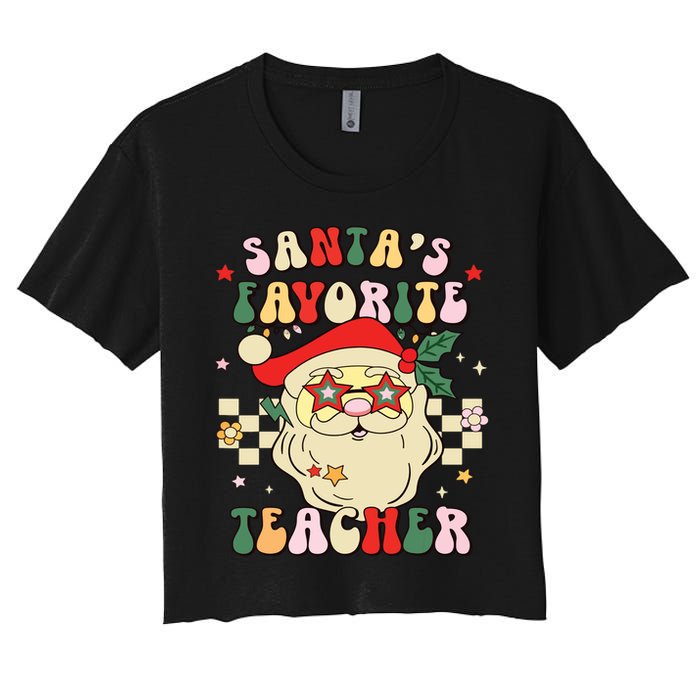 Santa Favorite Teacher Groovy Retro Christmas Boy Girl Women's Crop Top Tee