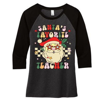 Santa Favorite Teacher Groovy Retro Christmas Boy Girl Women's Tri-Blend 3/4-Sleeve Raglan Shirt