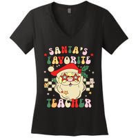 Santa Favorite Teacher Groovy Retro Christmas Boy Girl Women's V-Neck T-Shirt