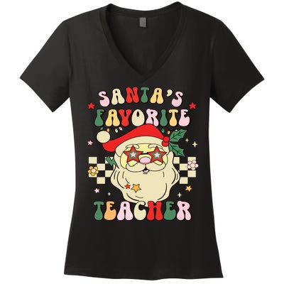 Santa Favorite Teacher Groovy Retro Christmas Boy Girl Women's V-Neck T-Shirt