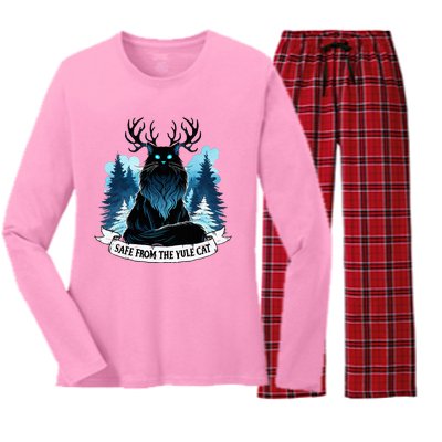 Safe From The Yule Cat Christmas Icelandic Iceland Folklore Women's Long Sleeve Flannel Pajama Set 