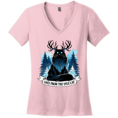 Safe From The Yule Cat Christmas Icelandic Iceland Folklore Women's V-Neck T-Shirt