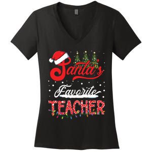 Santas Favorite Teacher Family Matching Group Christmas Women's V-Neck T-Shirt