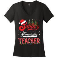 Santas Favorite Teacher Family Matching Group Christmas Women's V-Neck T-Shirt