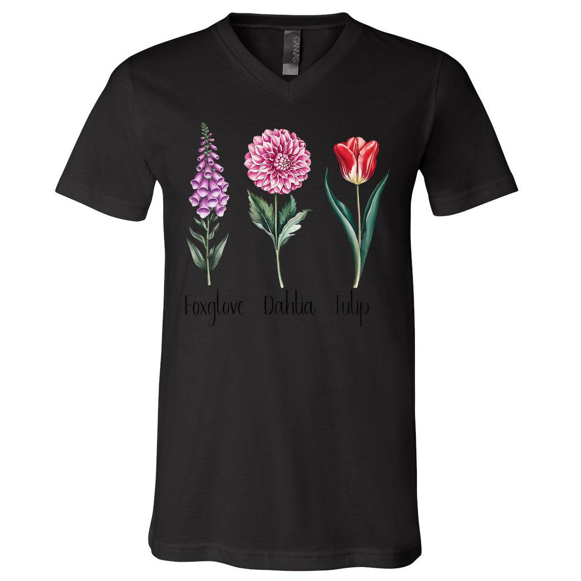 Subtle Floral Trump Flowers Foxglove Dahlia Tulip V-Neck T-Shirt