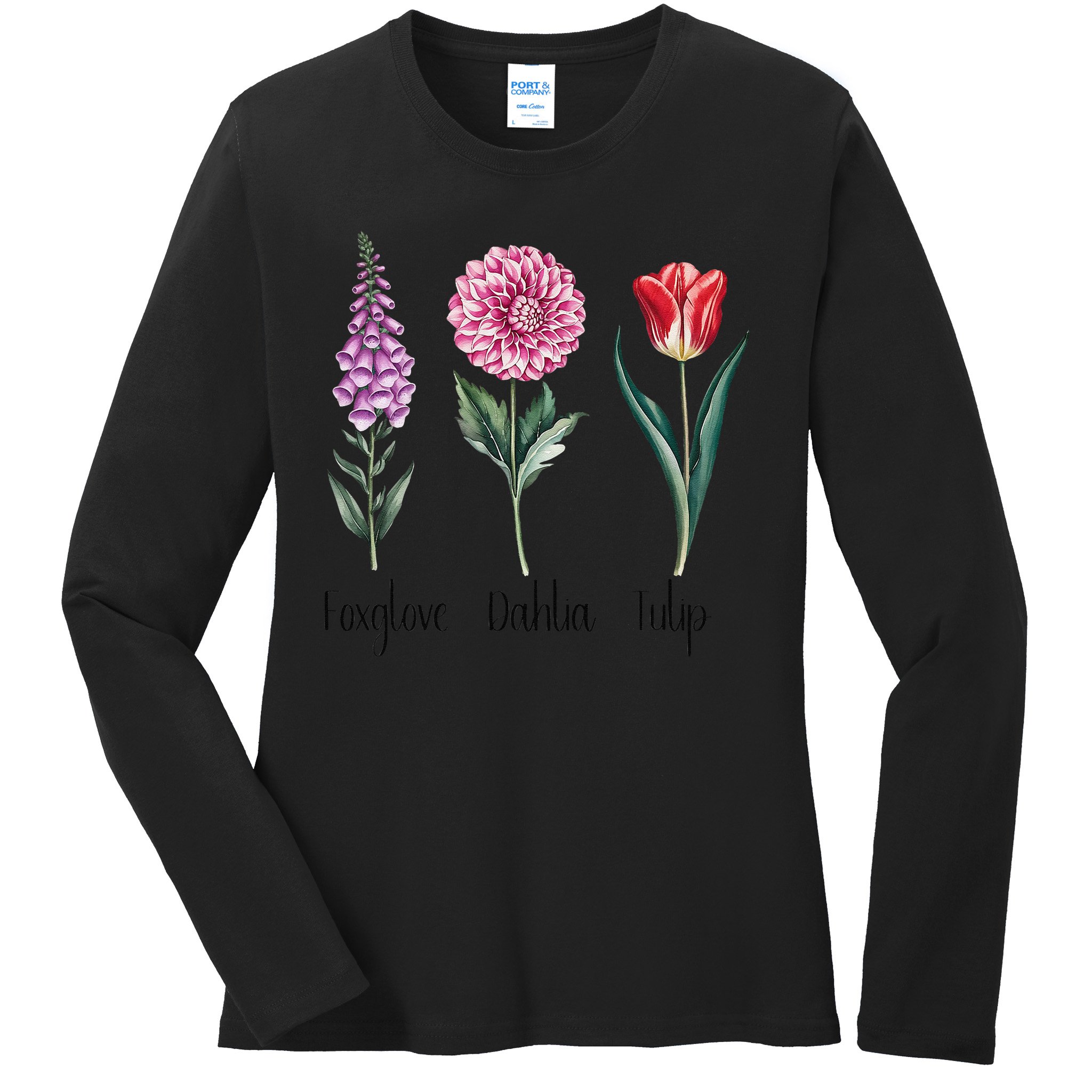 Subtle Floral Trump Flowers Foxglove Dahlia Tulip Ladies Long Sleeve Shirt