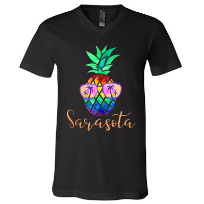 Sarasota Florida Tropical Funny Pineapple Summer Sunglasses V-Neck T-Shirt