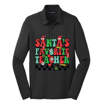 Santas Favorite Teacher Retro Groovy Christmas Xmas Women Silk Touch Performance Long Sleeve Polo