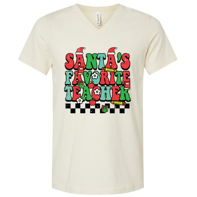 Santas Favorite Teacher Retro Groovy Christmas Xmas Women V-Neck T-Shirt