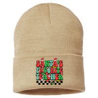 Santas Favorite Teacher Retro Groovy Christmas Xmas Women Sustainable Knit Beanie