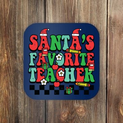 Santas Favorite Teacher Retro Groovy Christmas Xmas Women Coaster