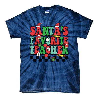 Santas Favorite Teacher Retro Groovy Christmas Xmas Women Tie-Dye T-Shirt