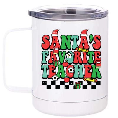 Santas Favorite Teacher Retro Groovy Christmas Xmas Women 12 oz Stainless Steel Tumbler Cup