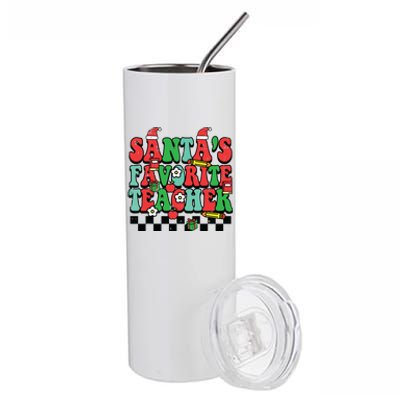 Santas Favorite Teacher Retro Groovy Christmas Xmas Women Stainless Steel Tumbler