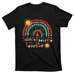 SantaS Favorite Teacher Christmas Funny Santa Hat Lights T-Shirt