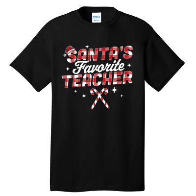 SantaS Favorite Teacher Christmas Santa Hat Candy Cane Xmas Tall T-Shirt