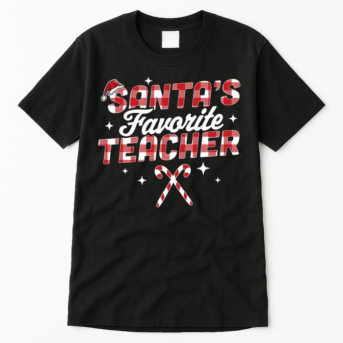 SantaS Favorite Teacher Christmas Santa Hat Candy Cane Xmas Tall T-Shirt