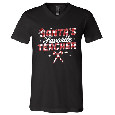 SantaS Favorite Teacher Christmas Santa Hat Candy Cane Xmas V-Neck T-Shirt