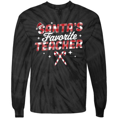 SantaS Favorite Teacher Christmas Santa Hat Candy Cane Xmas Tie-Dye Long Sleeve Shirt