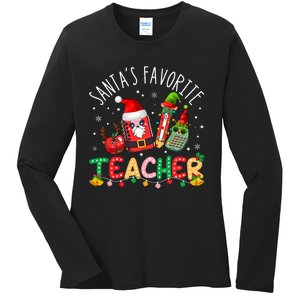 SantaS Favorite Teacher Christmas Santa Hat Matching Ladies Long Sleeve Shirt