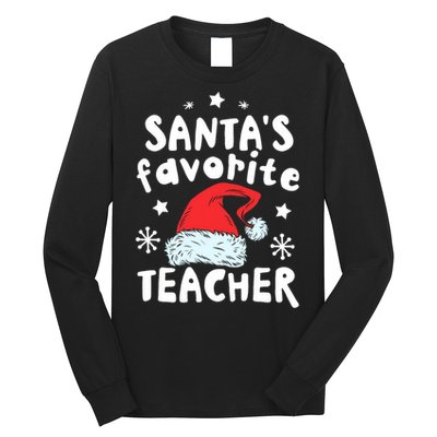 Santas Favorite Teacher Christmas Santa Hat Xmas Long Sleeve Shirt