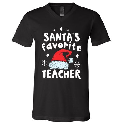 Santas Favorite Teacher Christmas Santa Hat Xmas V-Neck T-Shirt