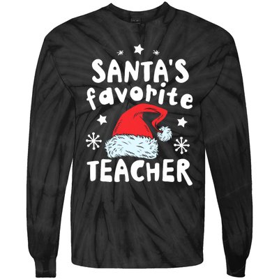 Santas Favorite Teacher Christmas Santa Hat Xmas Tie-Dye Long Sleeve Shirt