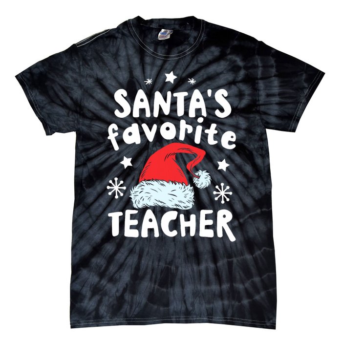 Santas Favorite Teacher Christmas Santa Hat Xmas Tie-Dye T-Shirt