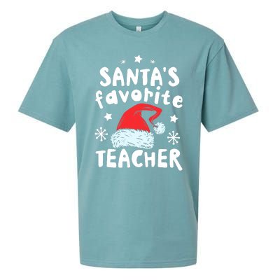 Santas Favorite Teacher Christmas Santa Hat Xmas Sueded Cloud Jersey T-Shirt