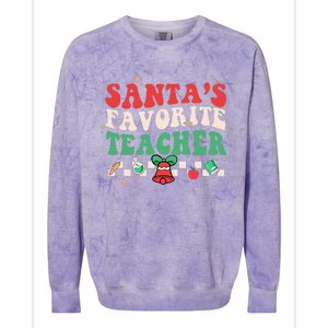 Santas Favorite Teacher Groovy Retro Christmas Colorblast Crewneck Sweatshirt